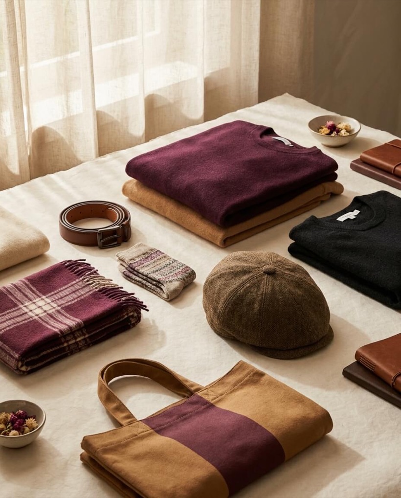 Accessories: a belt, scarf, cap, socks and tote bag