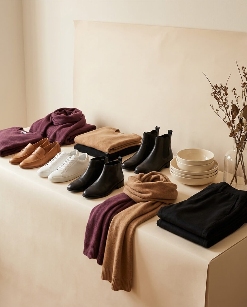 Footwear: leather loafers, white trainers and black boots