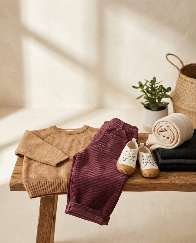Kidswear: a small knit jumper, dungarees and tiny trainers