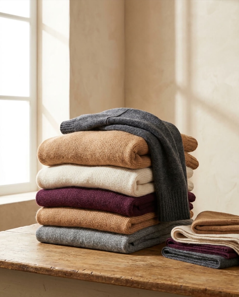 Knitwear: a stack of folded jumpers in camel, cream and mulberry