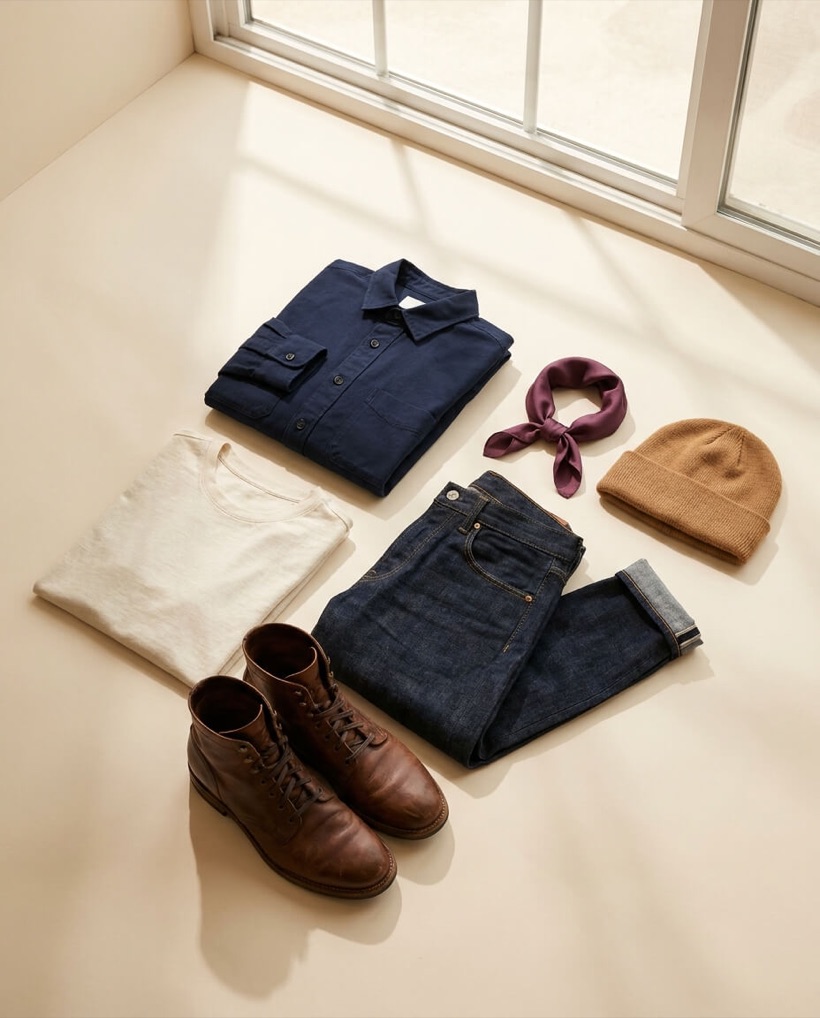 Menswear: an overshirt, white tee, dark denim and leather boots