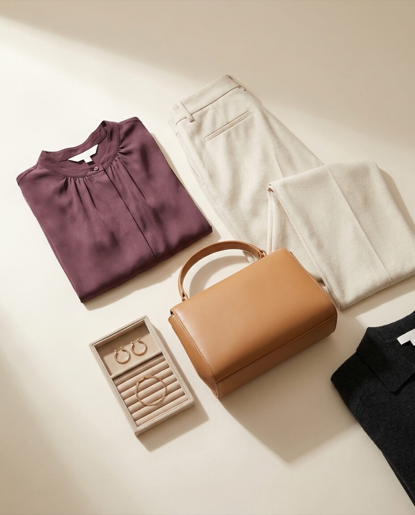 Womenswear: a mulberry blouse, cream trousers and a camel handbag