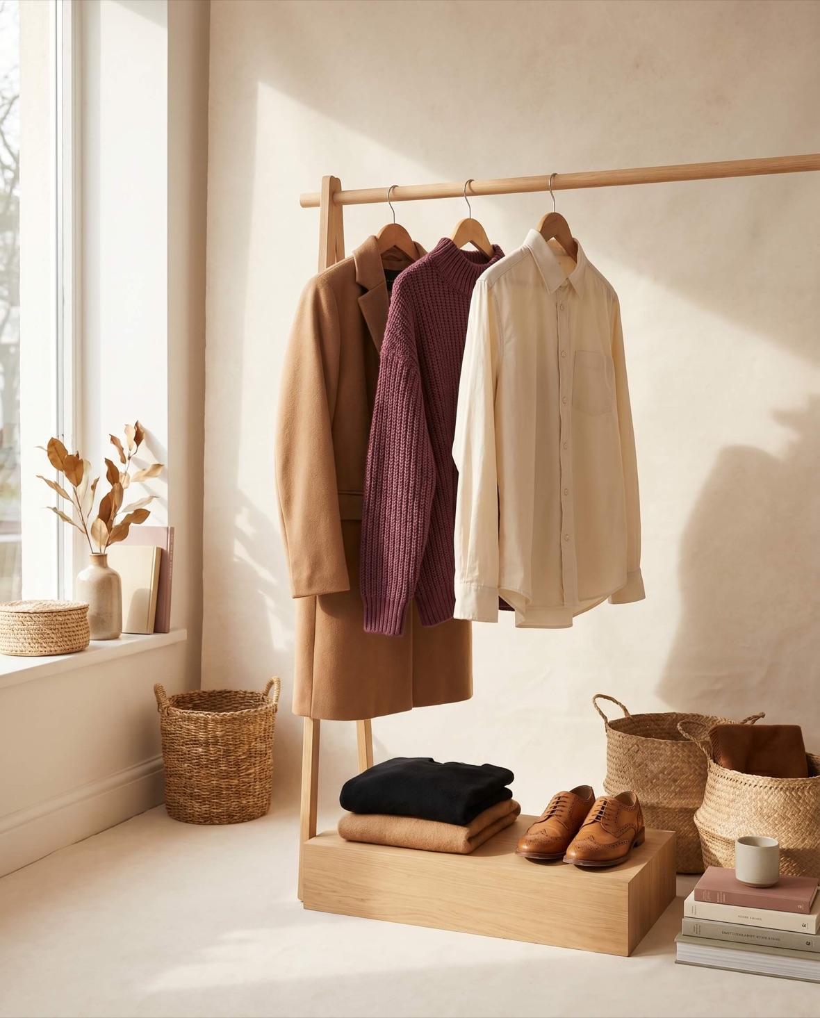 A clothing rail with a camel coat, mulberry knit and white shirt beside folded jumpers and leather shoes