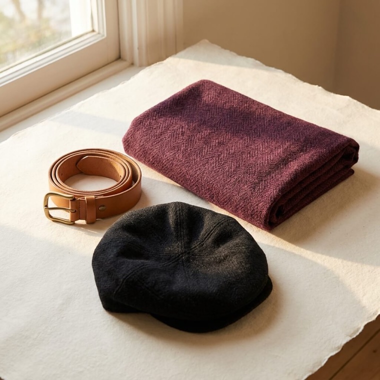 A folded scarf, leather belt and flat cap