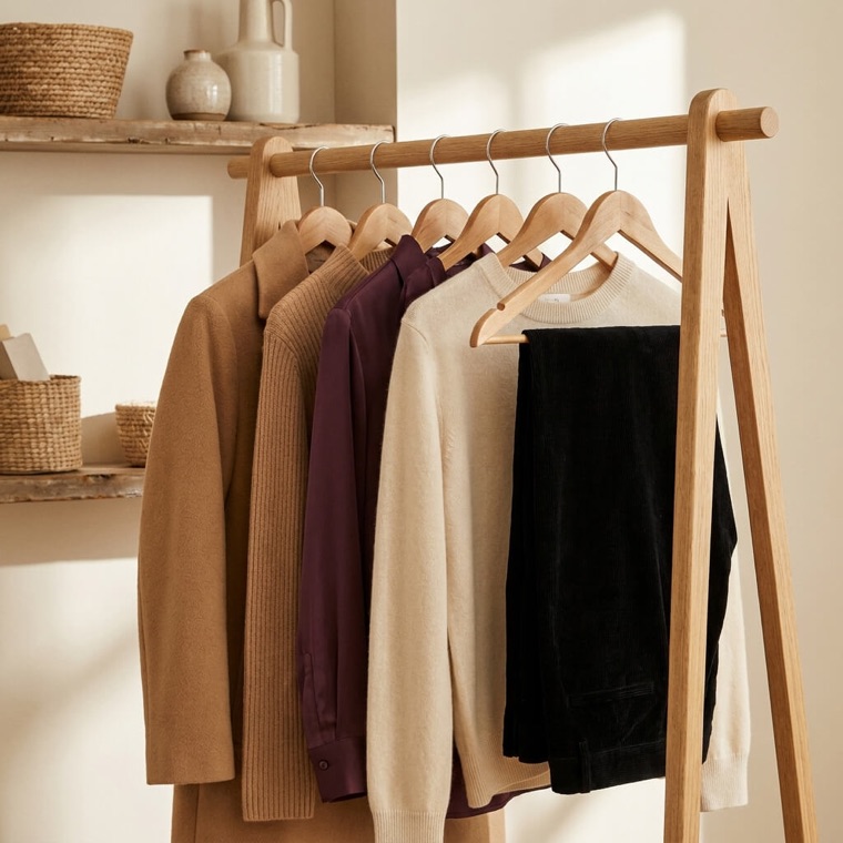 A clothing rail in camel, mulberry and cream