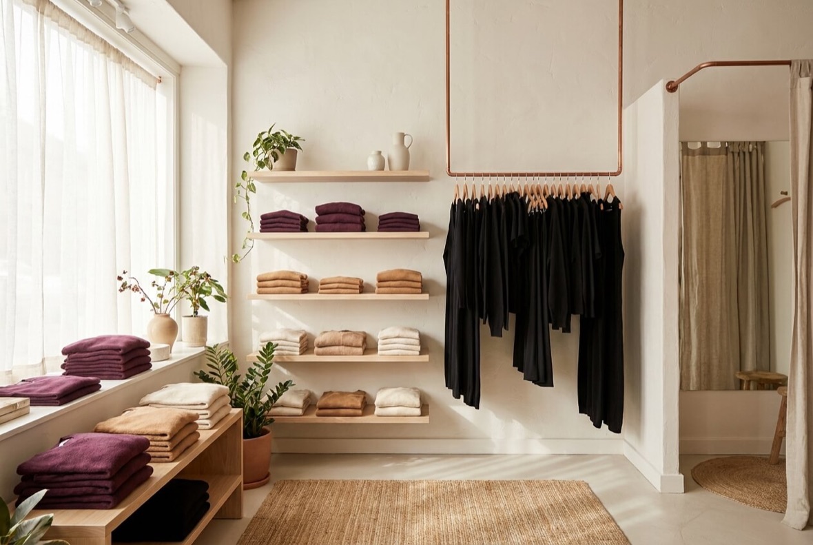 Interior of the clothing shop with rails and folded stacks